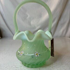 Fenton Handcrafted Glass Basket With Handle & Flower Design
